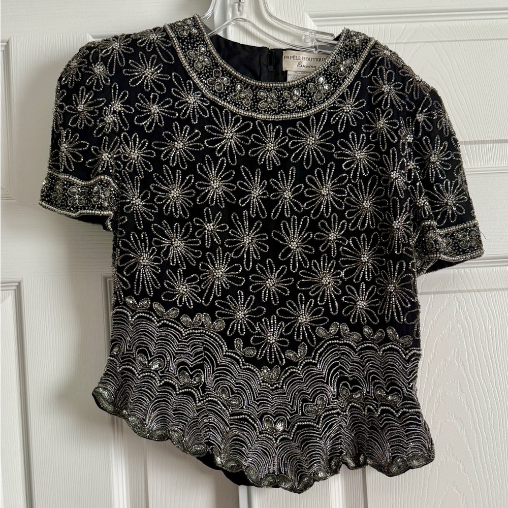 Papell Boutique Evening Women's Black/White Beaded & Sequined Silk Blouse Size M